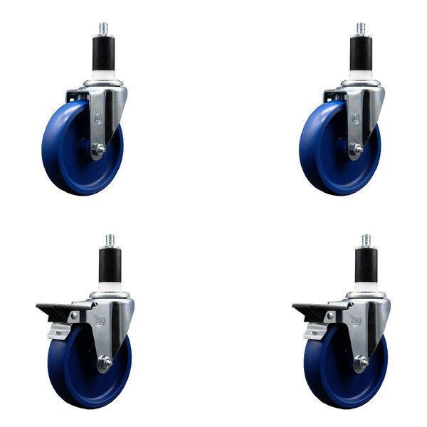 5'' Solid Poly Wheel Swivel 1-3/8'' Expanding Stem Caster Set 2 Brakes, 4PK